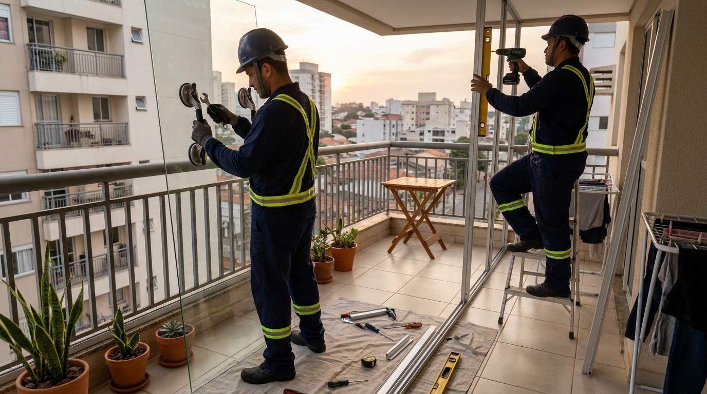 Instalação de parede de vidro em sacada em Betim-MG
